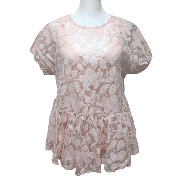FRNCH Tops - FRNCH Pink Floral Lace Peplum Top with Camisole Lining Set Size M/L Fairy Ballet